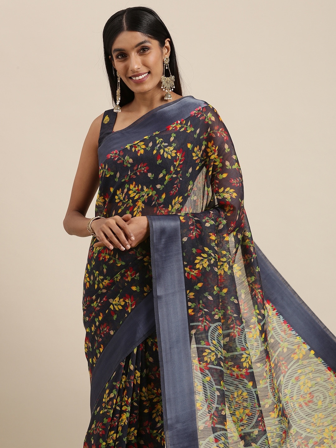 

Saree mall Grey & Red Floral Print Silk Cotton Saree