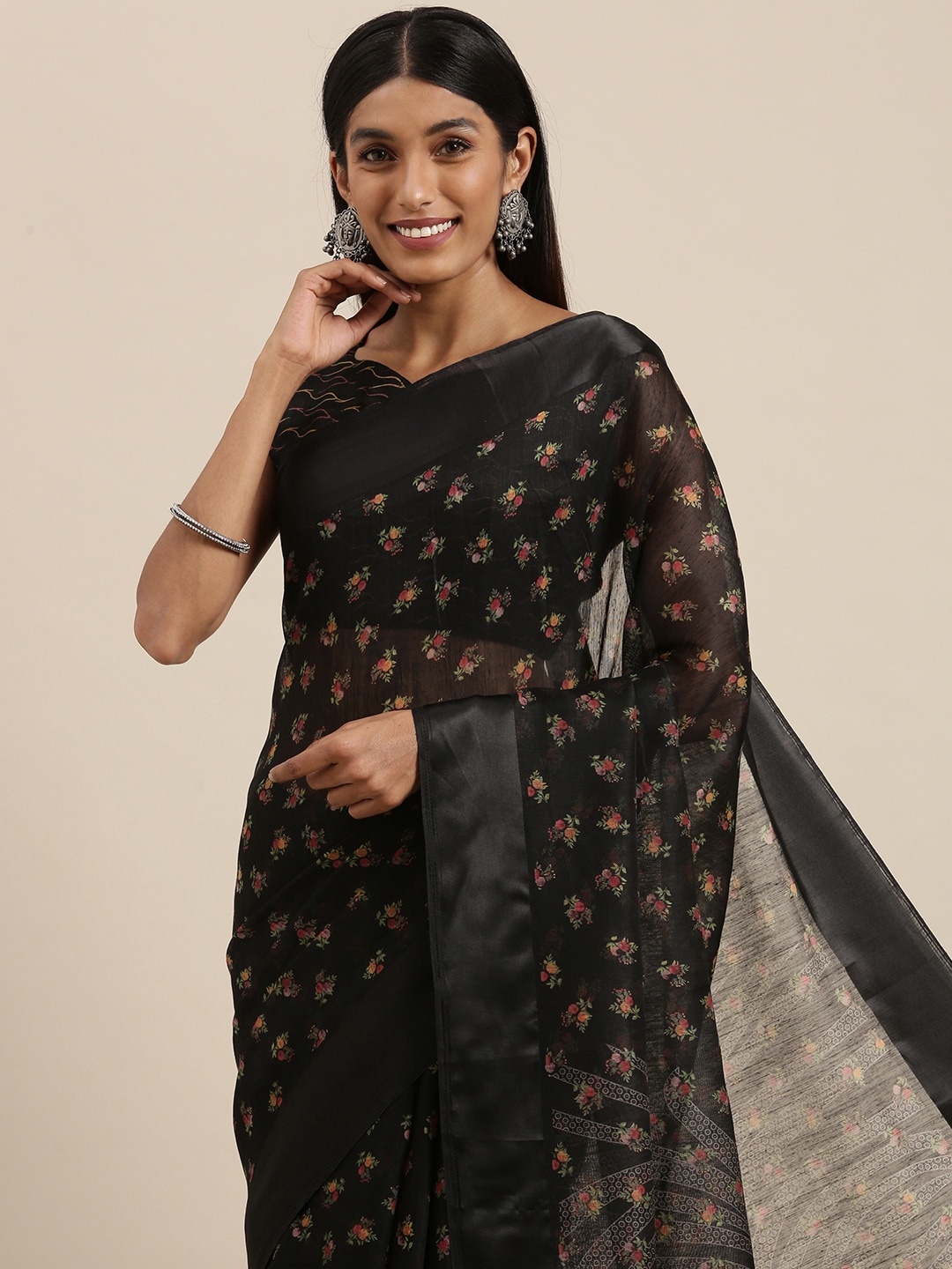 

Saree mall Black & Pink Floral Print Silk Cotton Saree