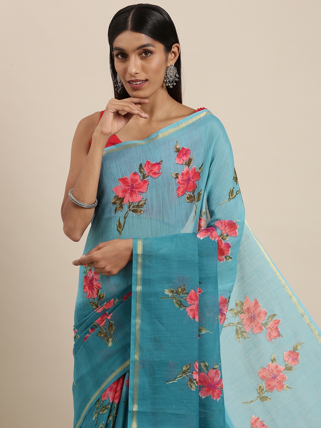 

Saree mall Teal & Pink Floral Print Linen Blend Saree