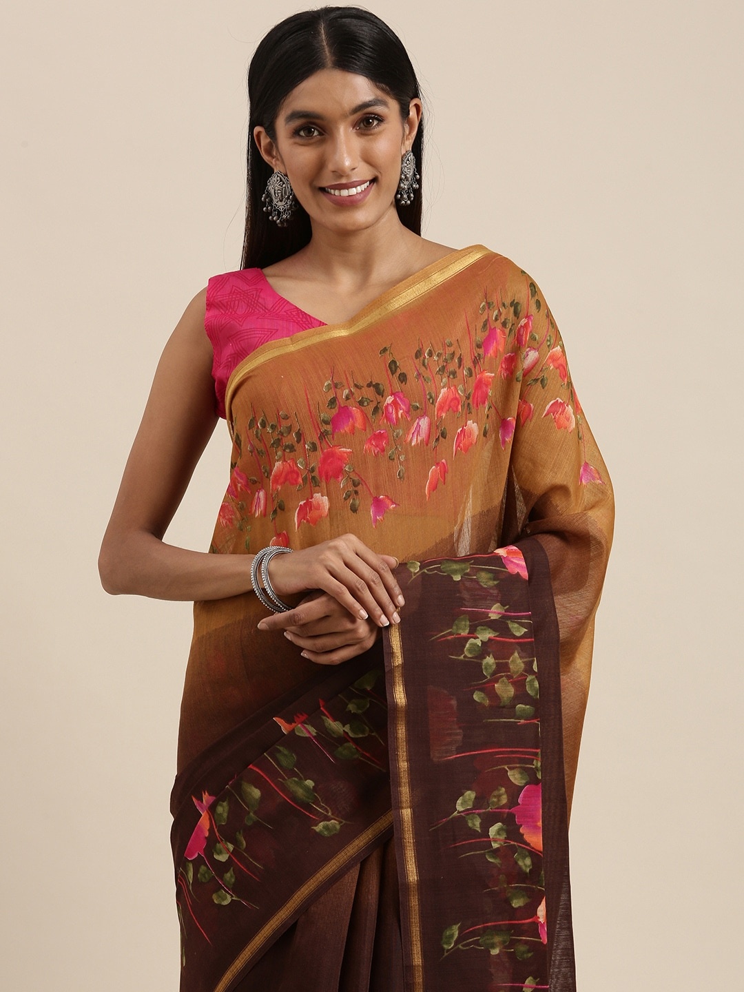 

Saree mall Brown & Pink Floral Print Linen Blend Saree