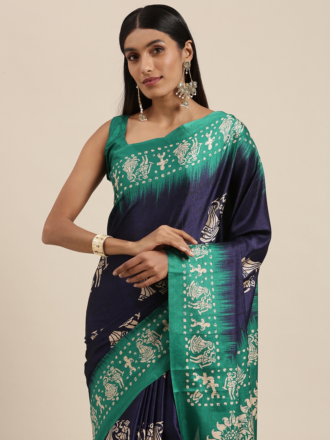 

Saree mall Blue & White Warli Silk Blend Block Print Saree