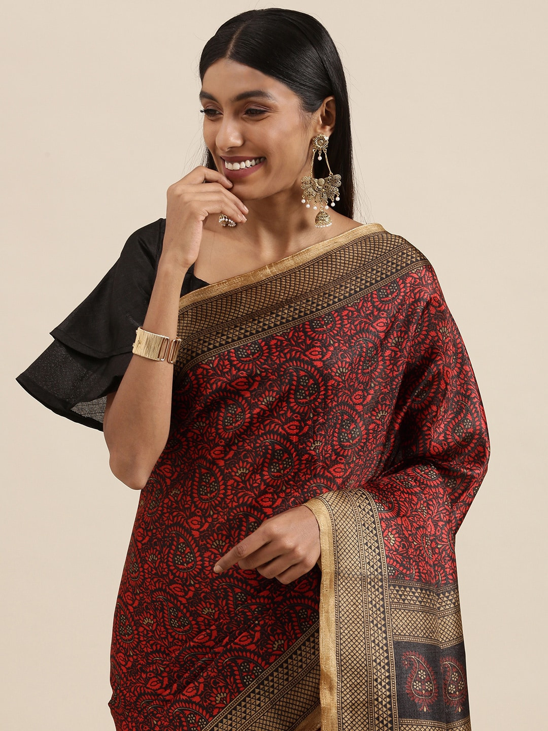 

Saree mall Maroon & Black Ethnic Motifs Print Art Silk Block Print Sarees