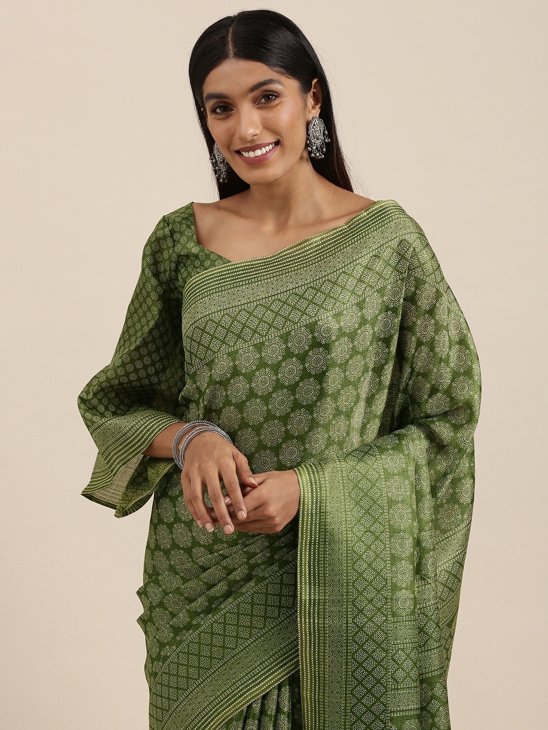 

Saree mall Olive Green & White Floral Print Art Silk Block Print Saree