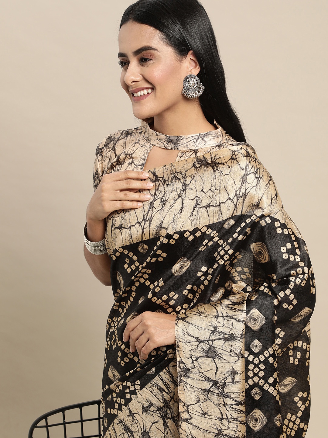 

Saree mall Black & Beige Bandhani Block Print Sarees