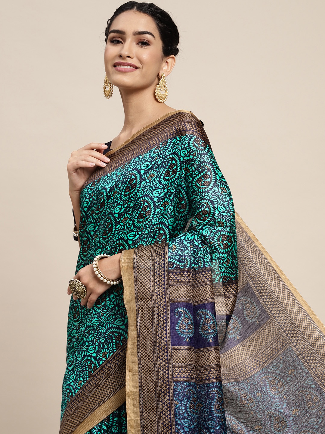 

Saree mall Teal & Brown Ethnic Motifs Block Print Sarees