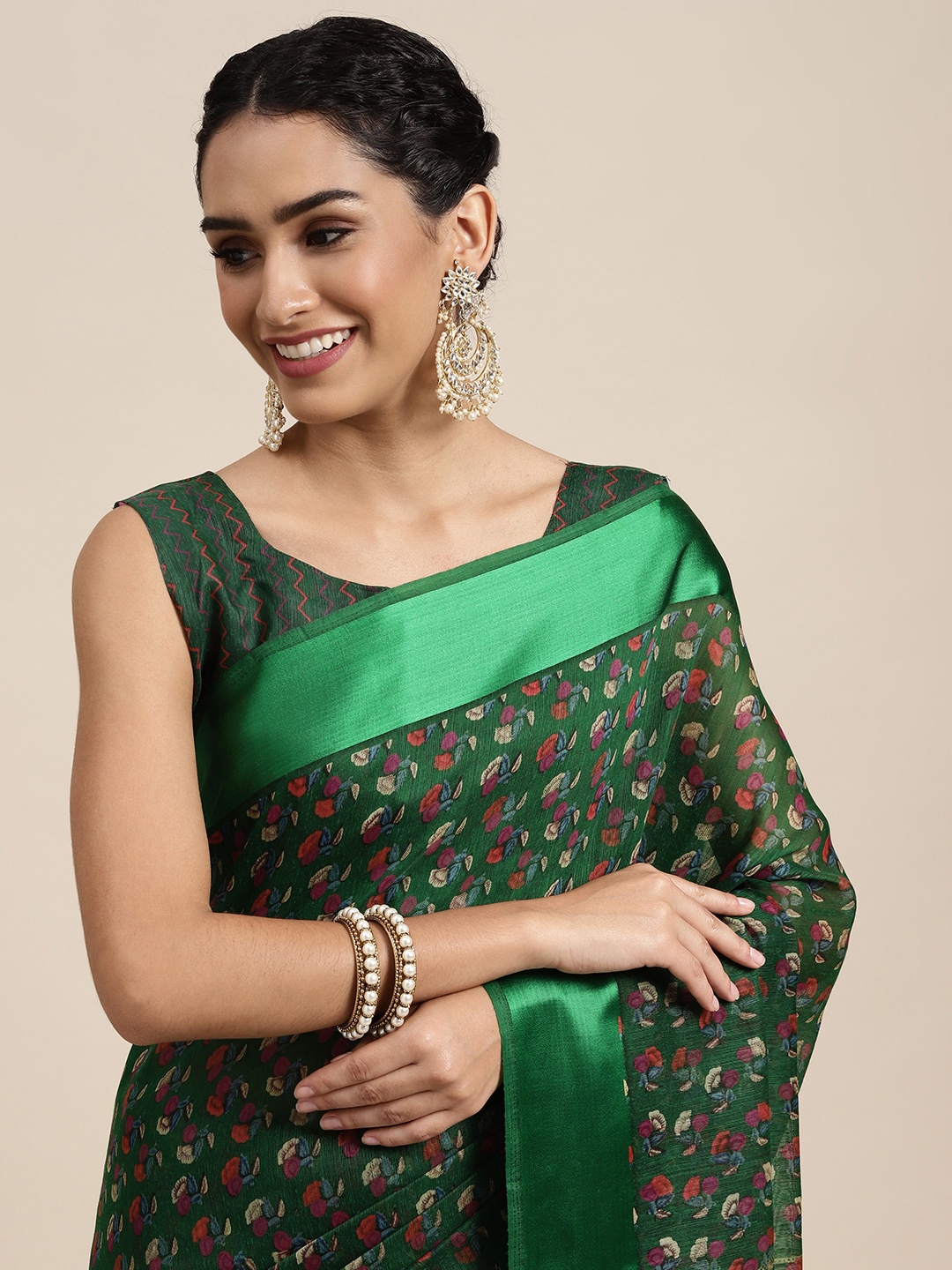 

Saree mall Green & Pink Floral Printed Banarasi Sarees