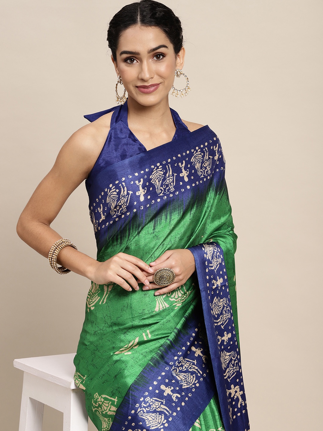 

Saree mall Navy Blue & Green Warli Block Print Silk Blend Saree