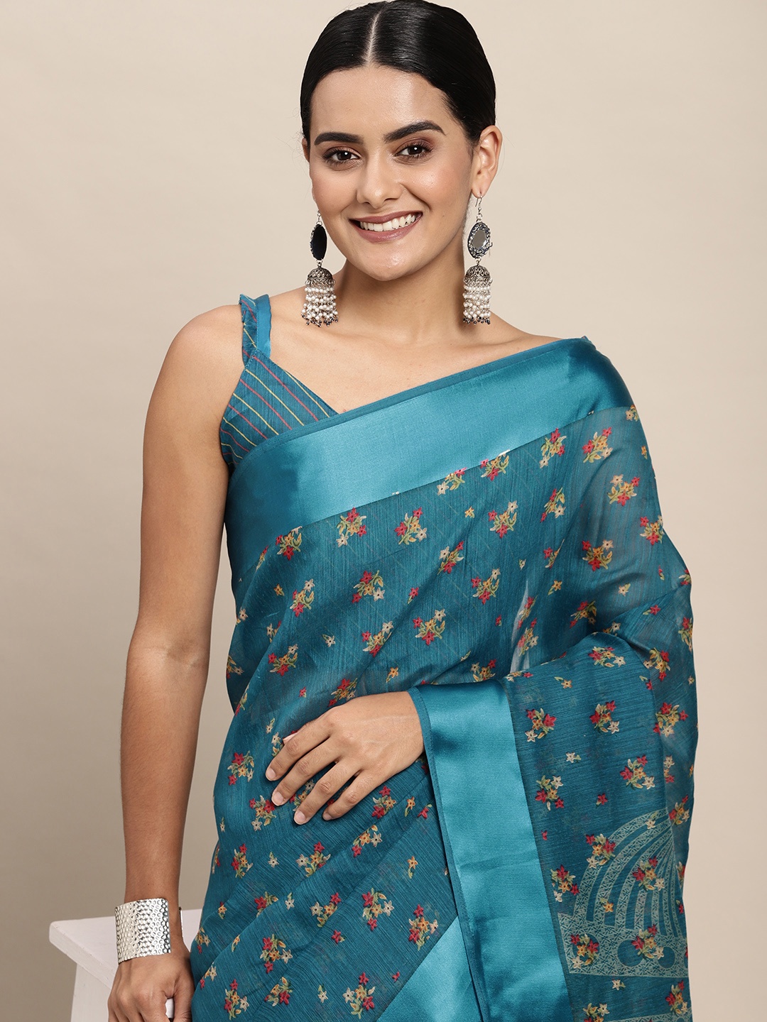 

Saree mall Teal & Pink Floral Print Silk Cotton Saree