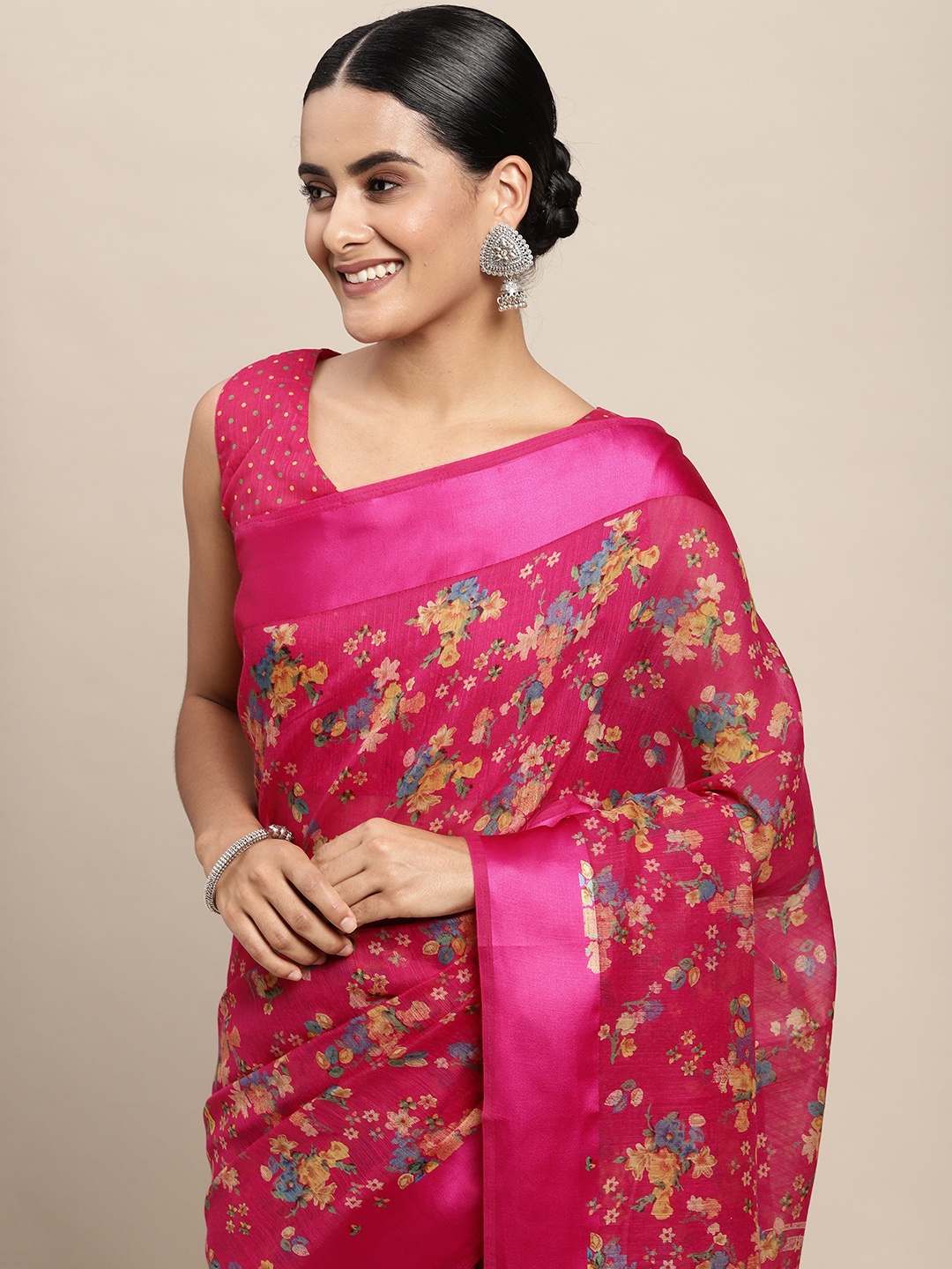 

Saree mall Pink & Yellow Floral Print Silk Cotton Saree
