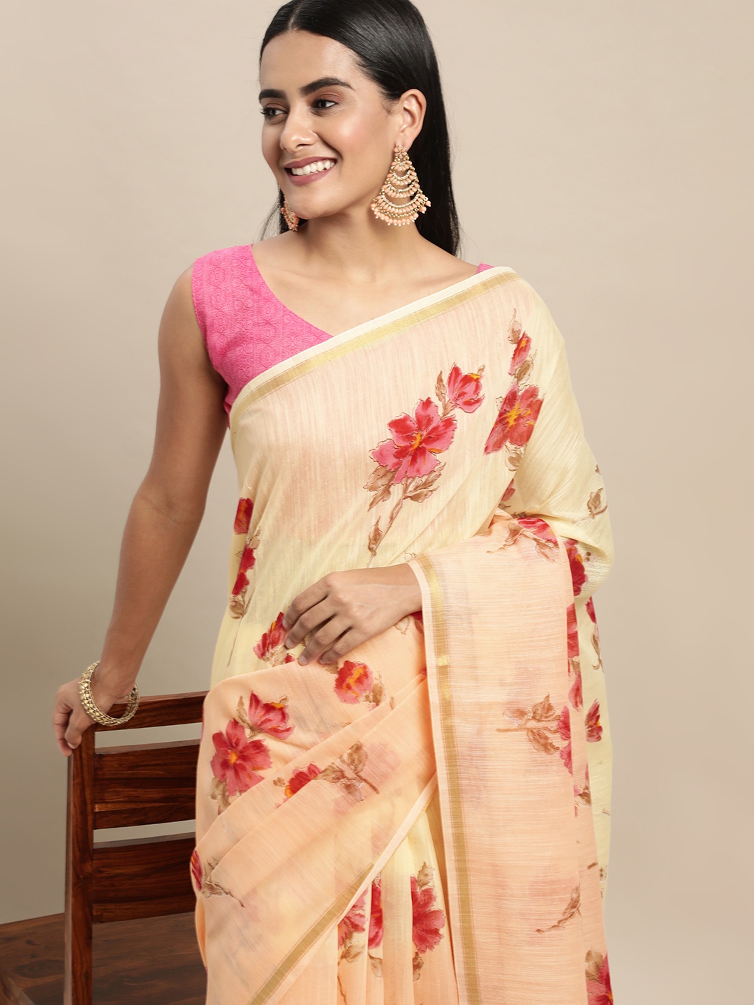 

Saree mall Peach-Coloured & Pink Floral Printed Banarasi Sarees
