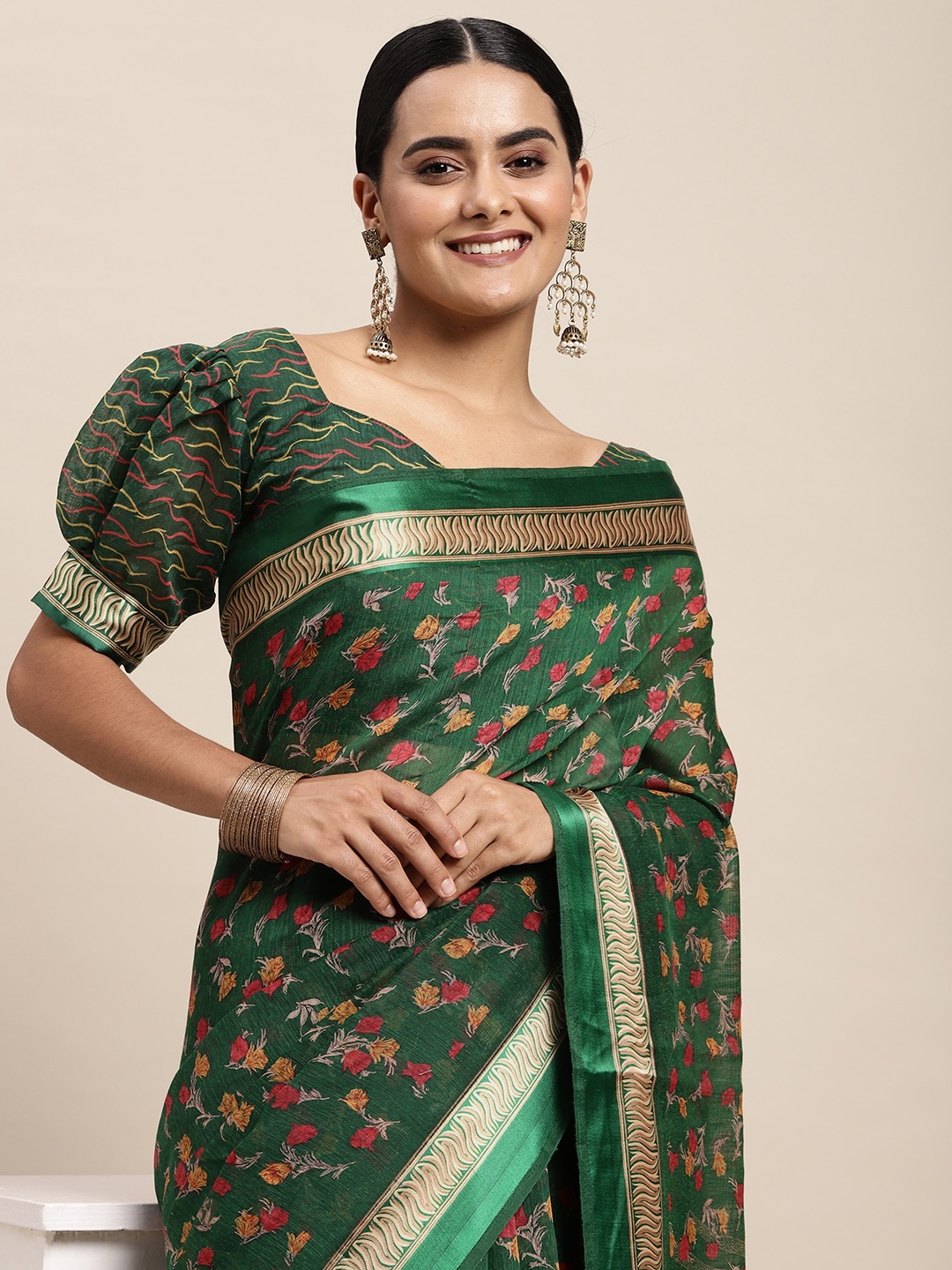 

Saree mall Green & Red Floral Print Silk Cotton Saree
