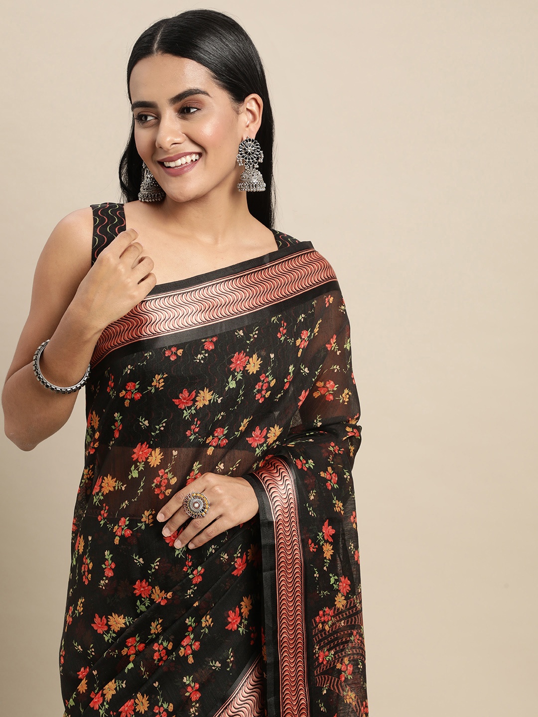

Saree mall Black & Red Floral Printed Banarasi Sarees