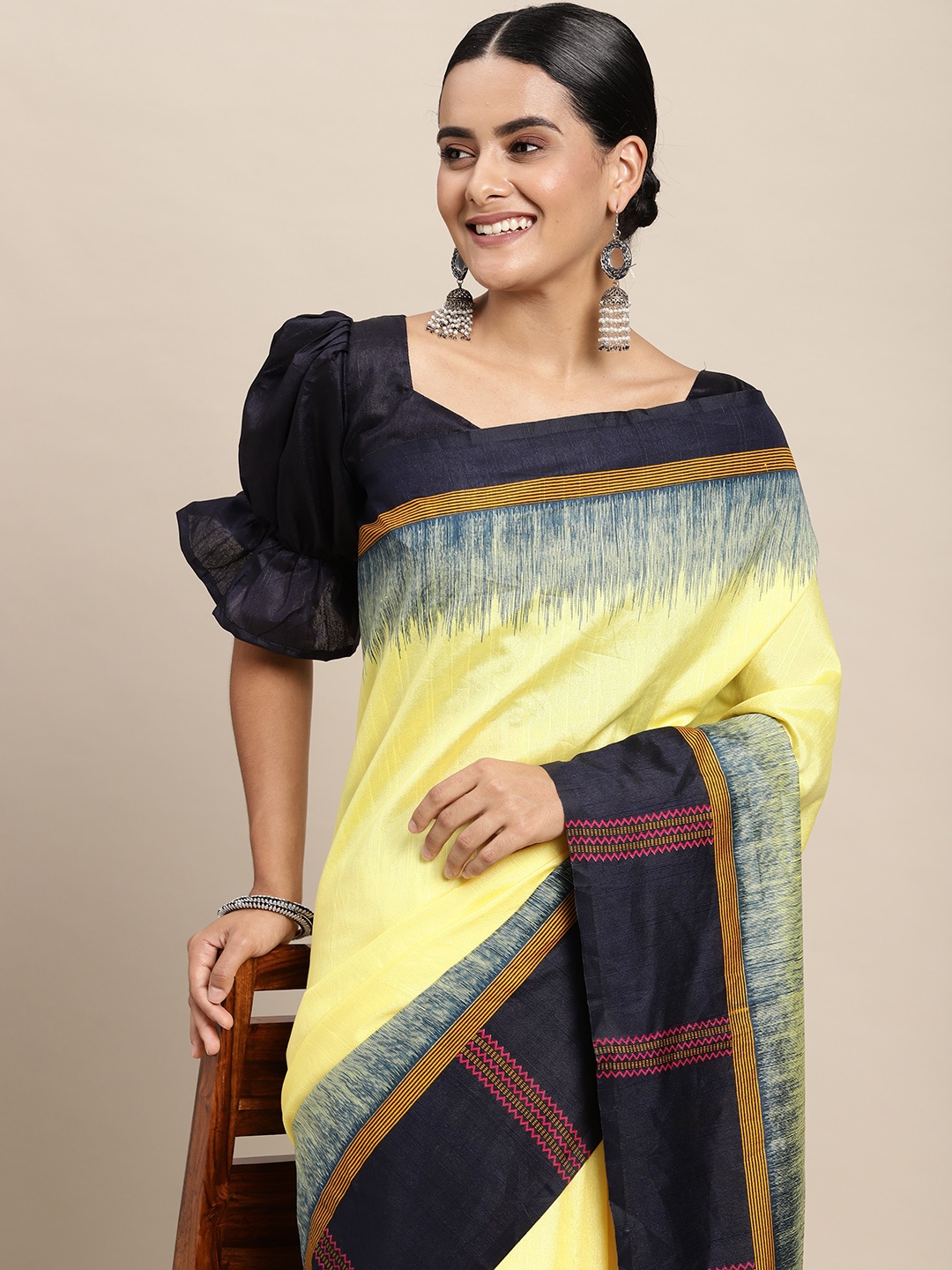 

Saree mall Yellow & Navy Blue Colourblocked Art Silk Taant Saree