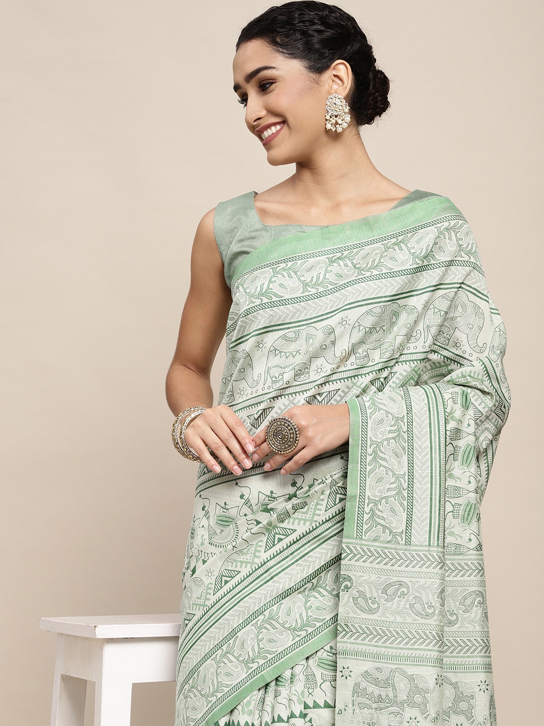 

Saree mall Sea Green & White Ethnic Motifs Block Print Sarees
