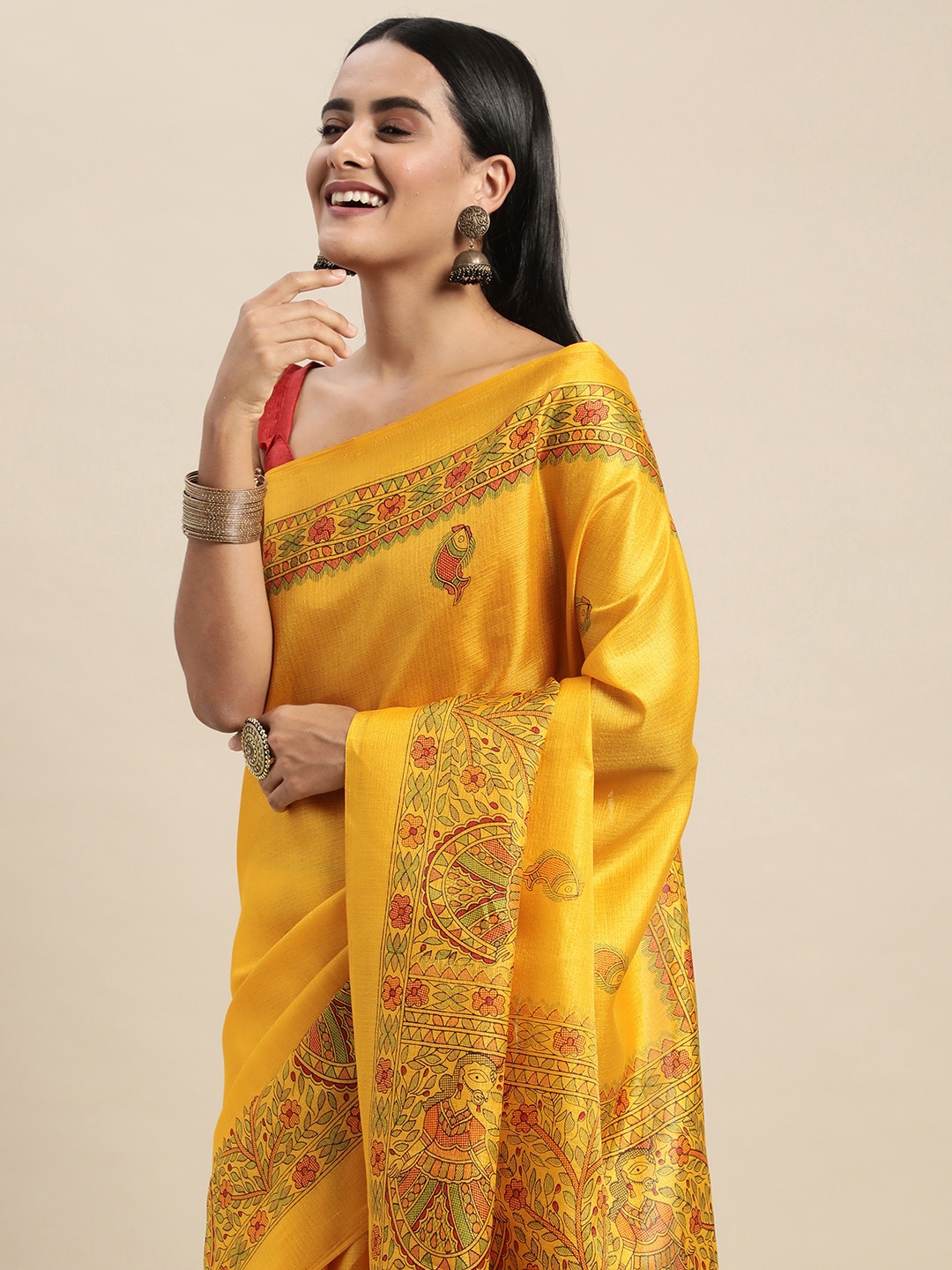 

Saree mall Mustard & Red Ethnic Motifs Printed Saree