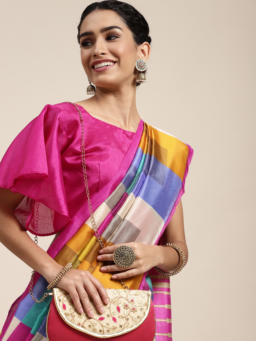 

Saree mall Pink & Yellow Checked Art Silk Taant Saree