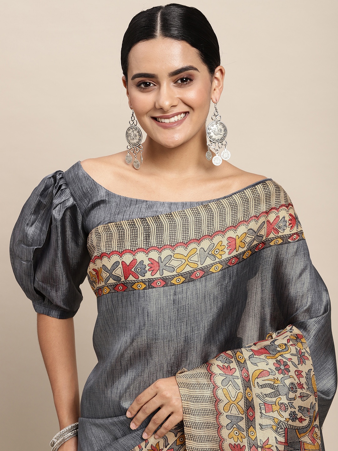 

Saree mall Grey & Yellow Ethnic Motifs Print Silk Blend Saree