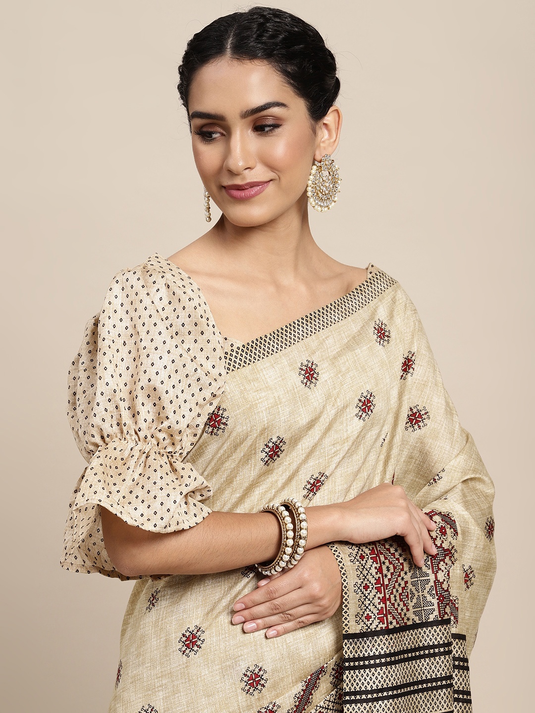 

Saree mall Beige & Maroon Ethnic Motifs Block Print Sarees
