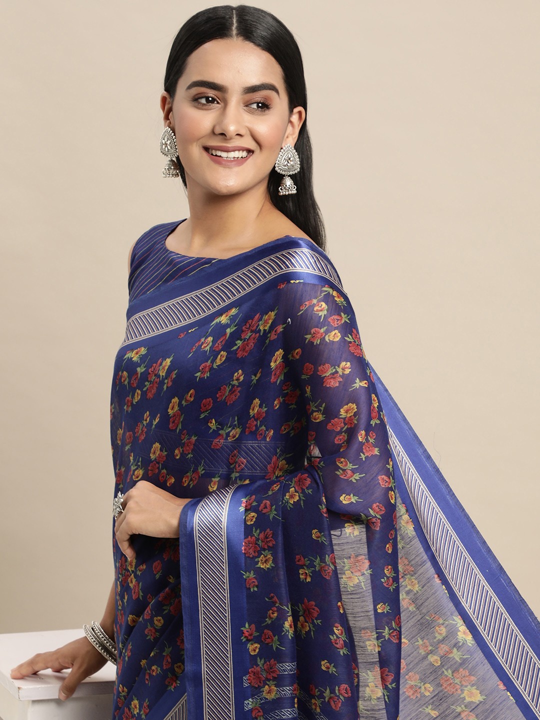 

Saree mall Navy Blue & Red Floral Printed Banarasi Sarees