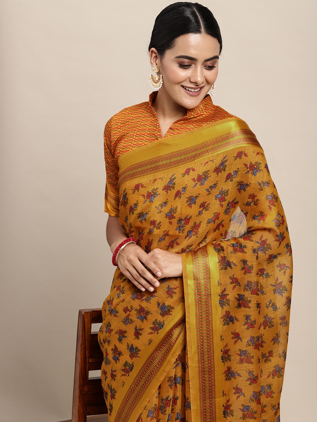 

Saree mall Mustard & Red Floral Print Silk Cotton Saree