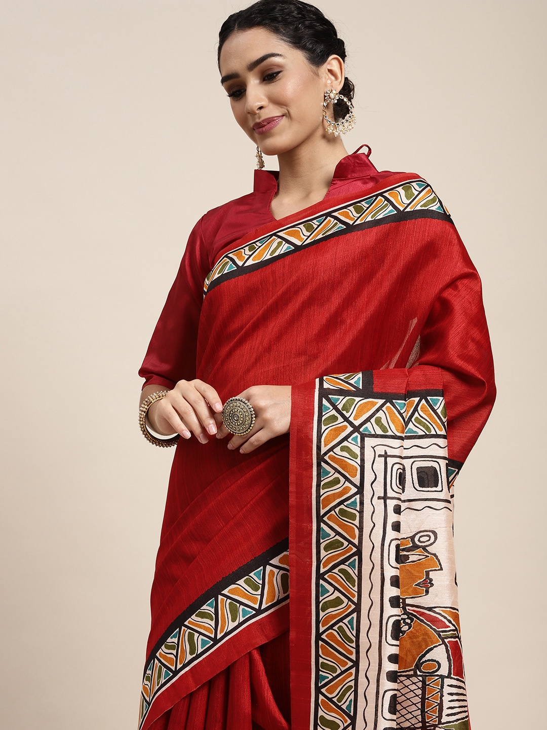 

Saree mall Maroon & White Ethnic Motifs Print Art Silk Taant Saree