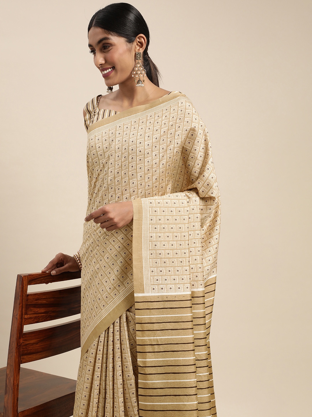 

Saree mall Beige & Coffee Brown Geometric Print Art Silk Taant Sarees