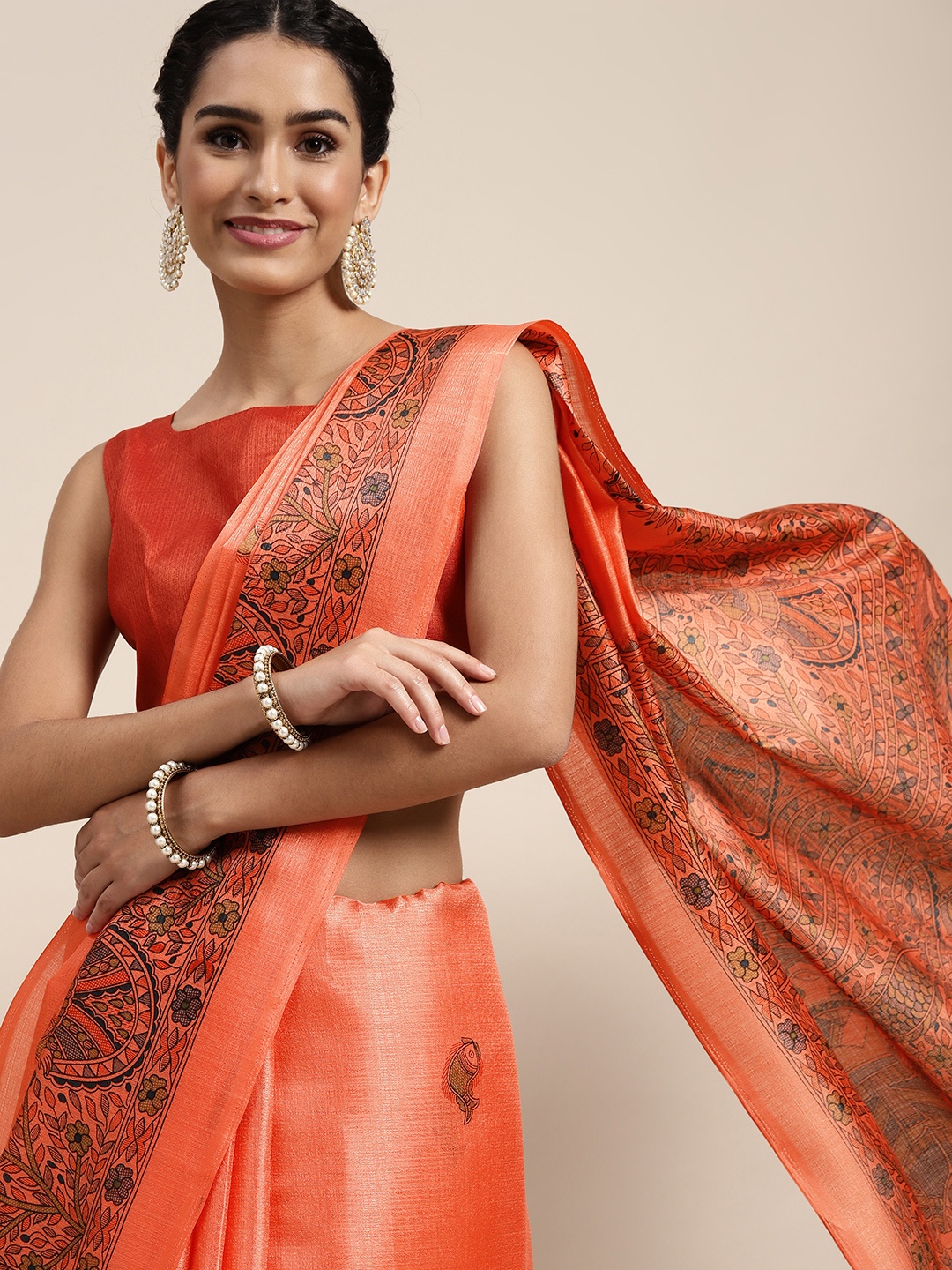 Saree mall Peach-Coloured & Black Ethnic Motifs Printed Sarees