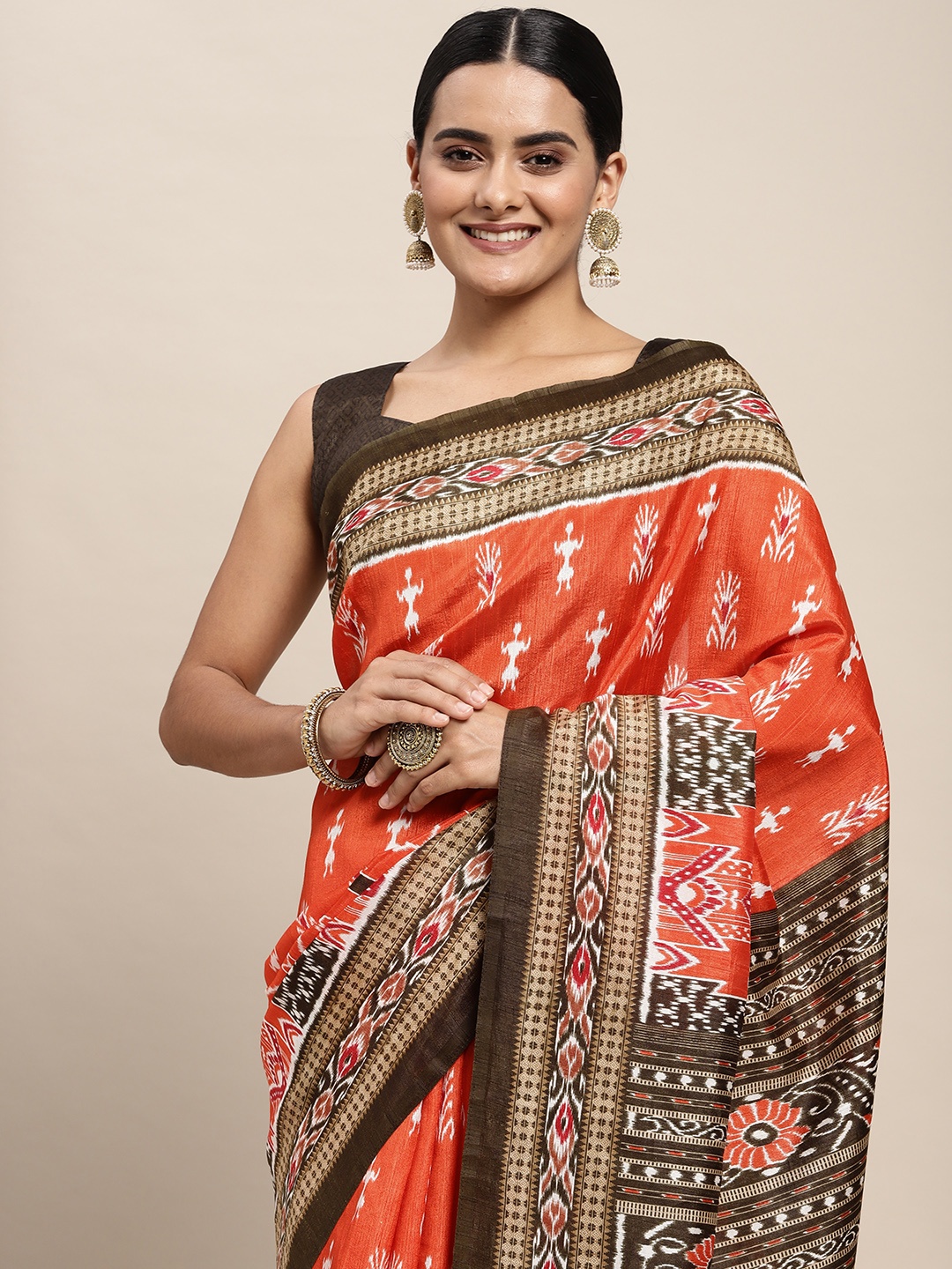 

Saree mall Orange & White Ethnic Motifs Print Art Silk Ikat Saree