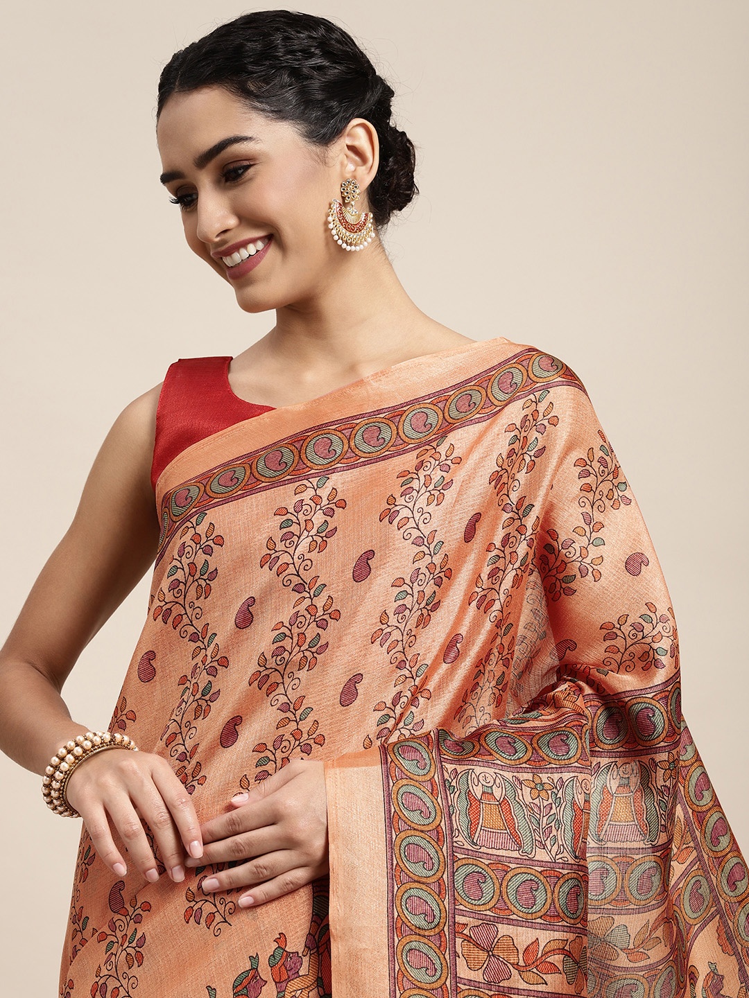 

Saree mall Peach-Coloured & Green Ethnic Motifs Print Sarees