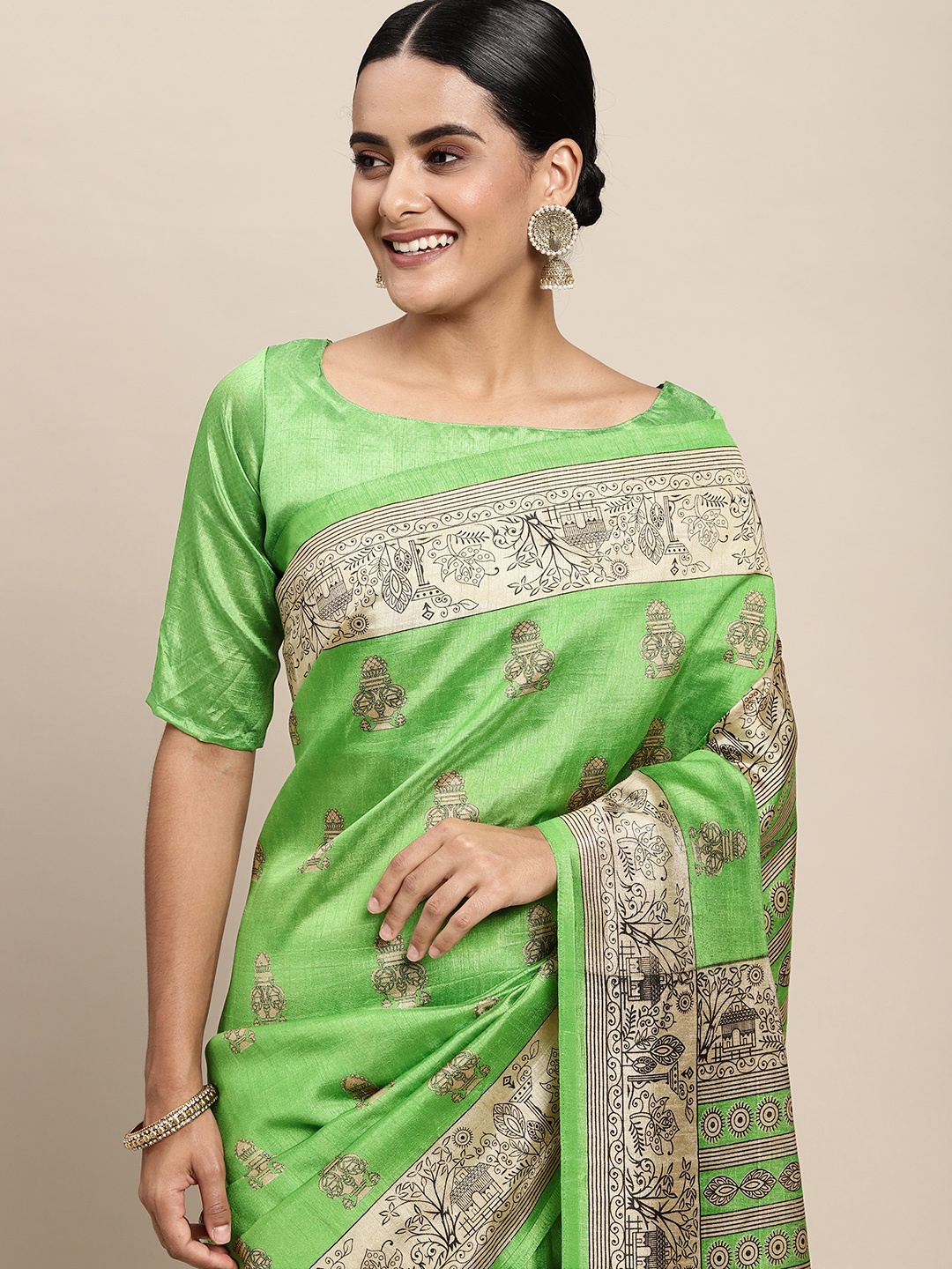 

Saree mall Green & Beige Ethnic Motifs Print Silk Blend Saree