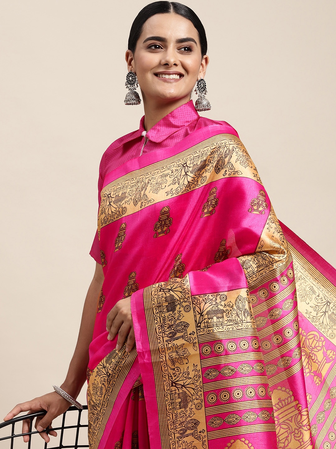 

Saree mall Pink & Beige Ethnic Motifs Print Silk Blend Saree