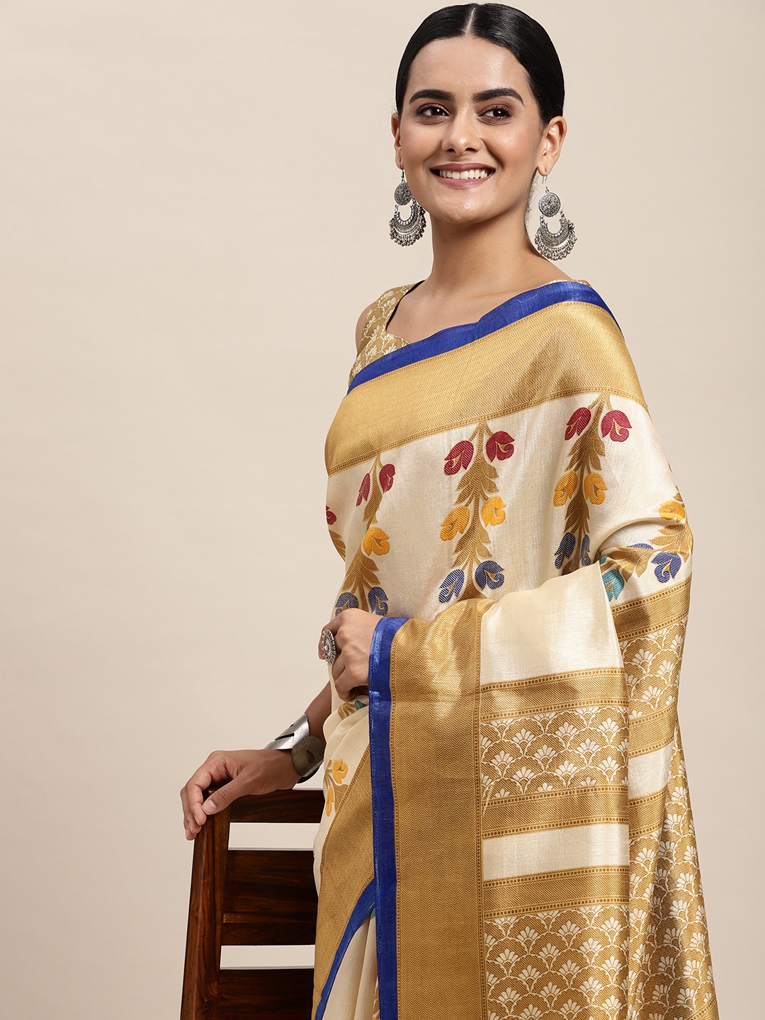 

Saree mall Beige & Red Floral Print Silk Blend Saree
