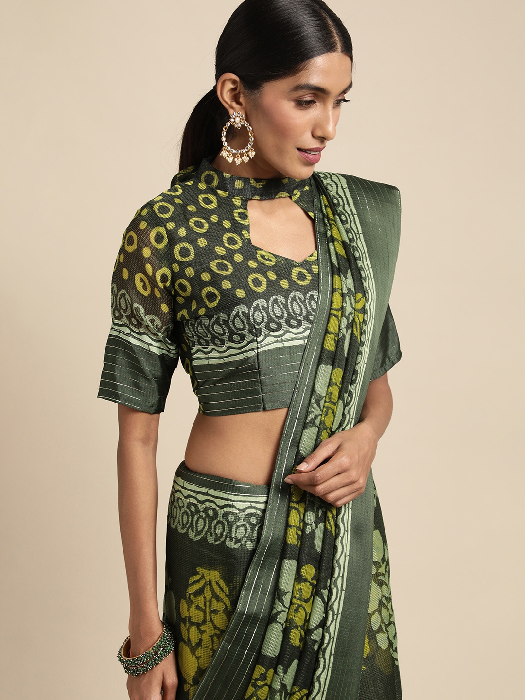 

Saree mall Olive Green Bagh Brasso Block Print Sarees