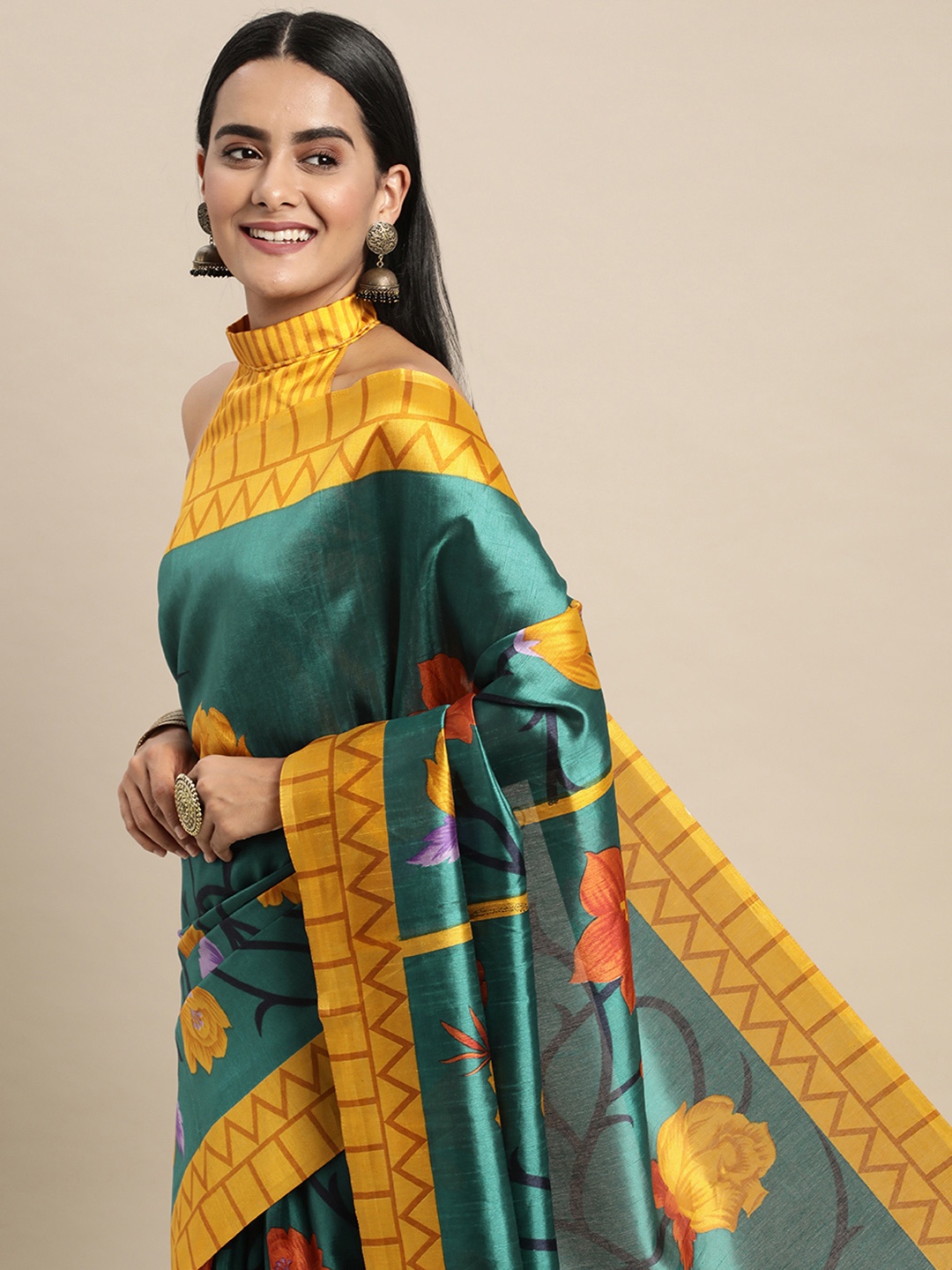 

Saree mall Teal Blue & Yellow Floral Printed Saree