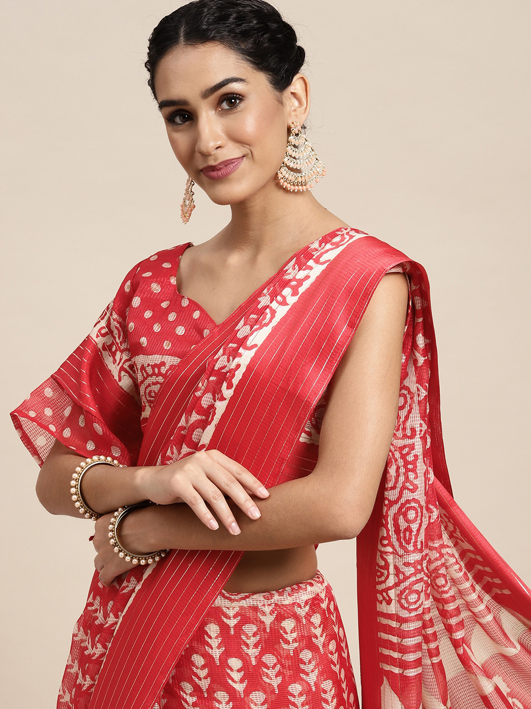 

Saree mall Red & White Batik Print Sarees