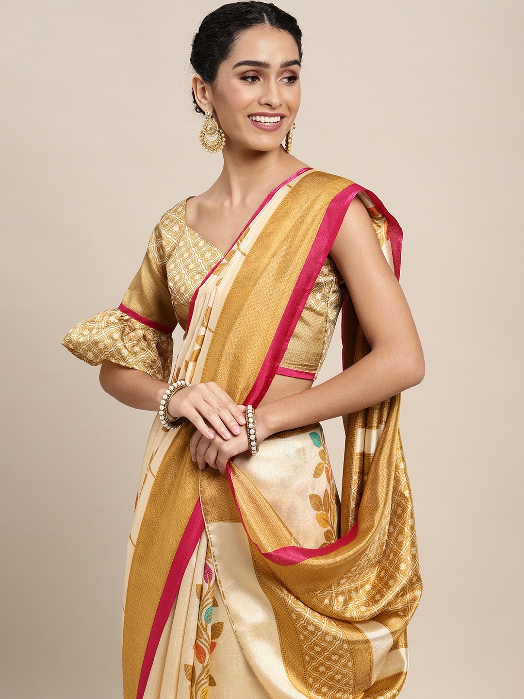 

Saree mall Beige & Pink Floral Printed Sarees
