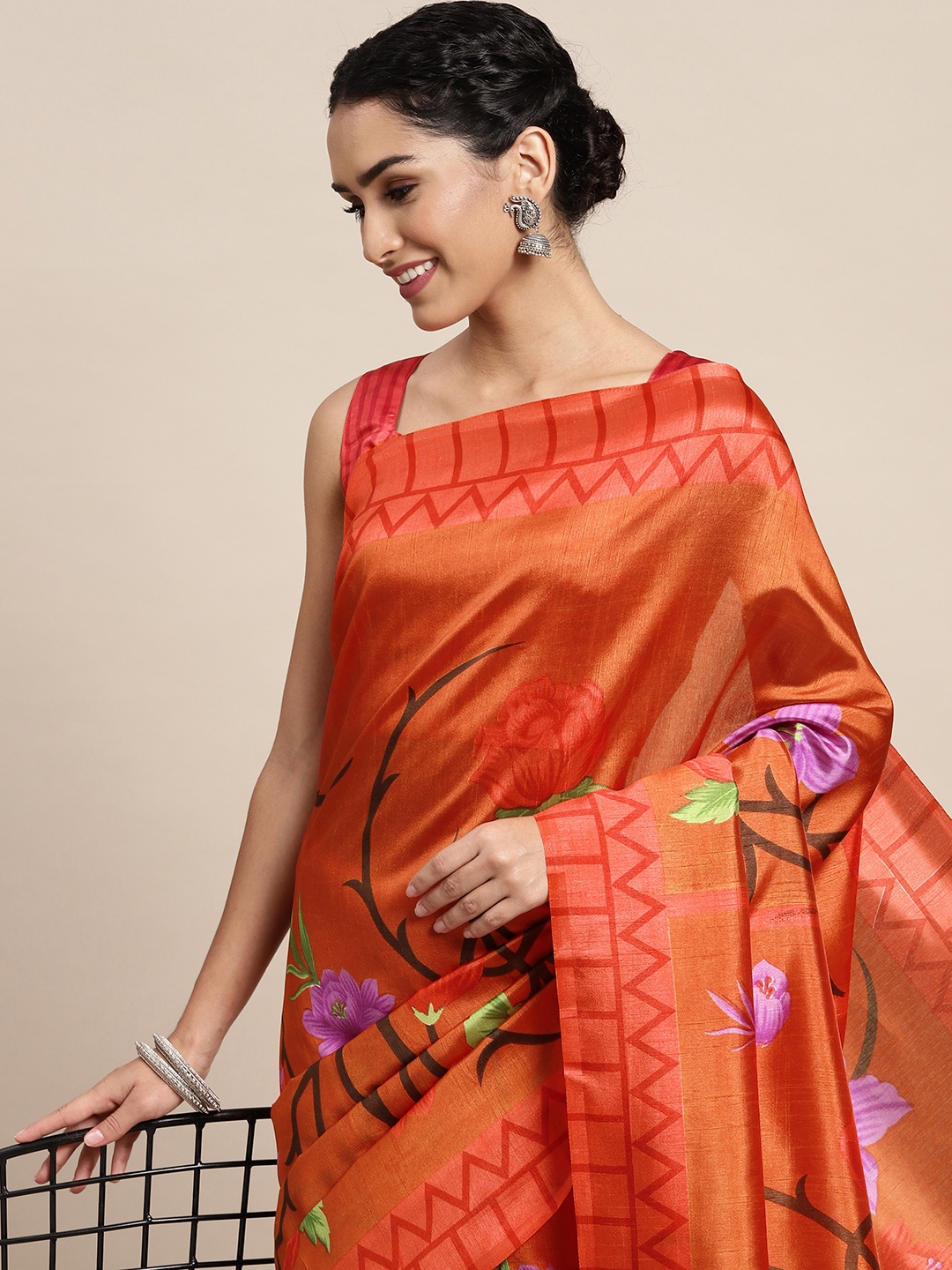 

Saree mall Orange & Purple Floral Print Sarees