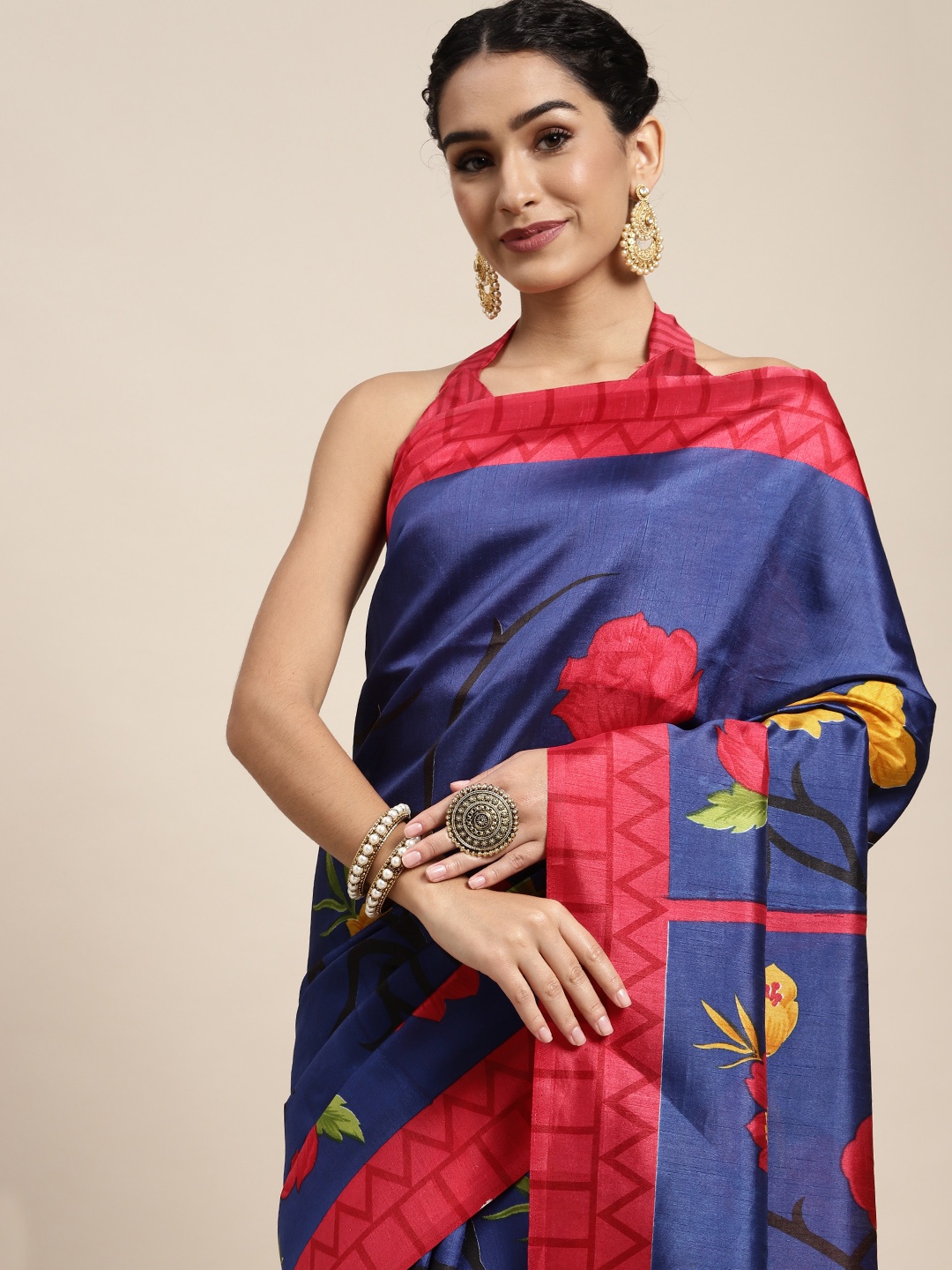 

Saree mall Blue & Red Floral Print Silk Blend Saree