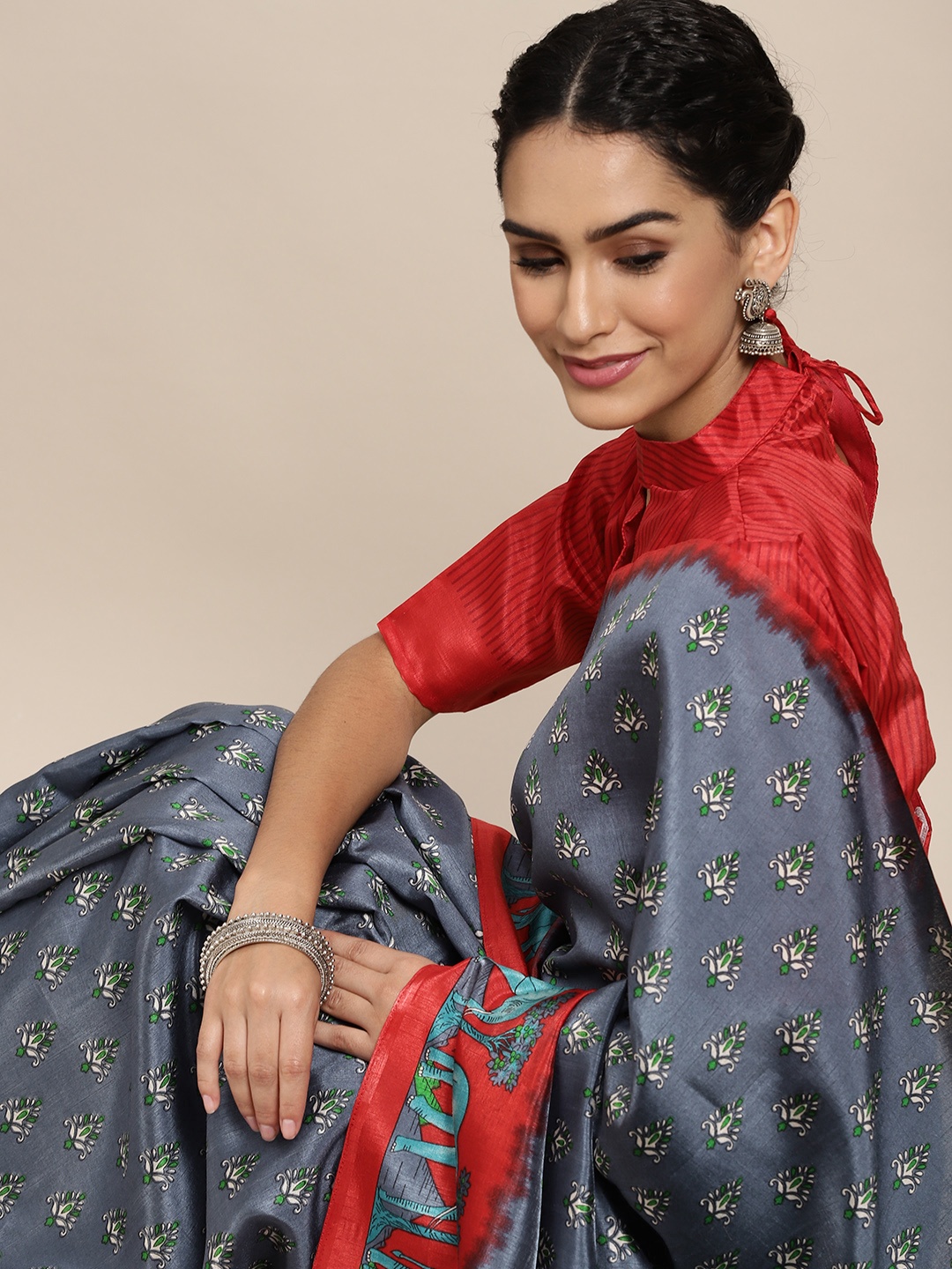 

Saree mall Charcoal Grey & White Bagh Print Sarees