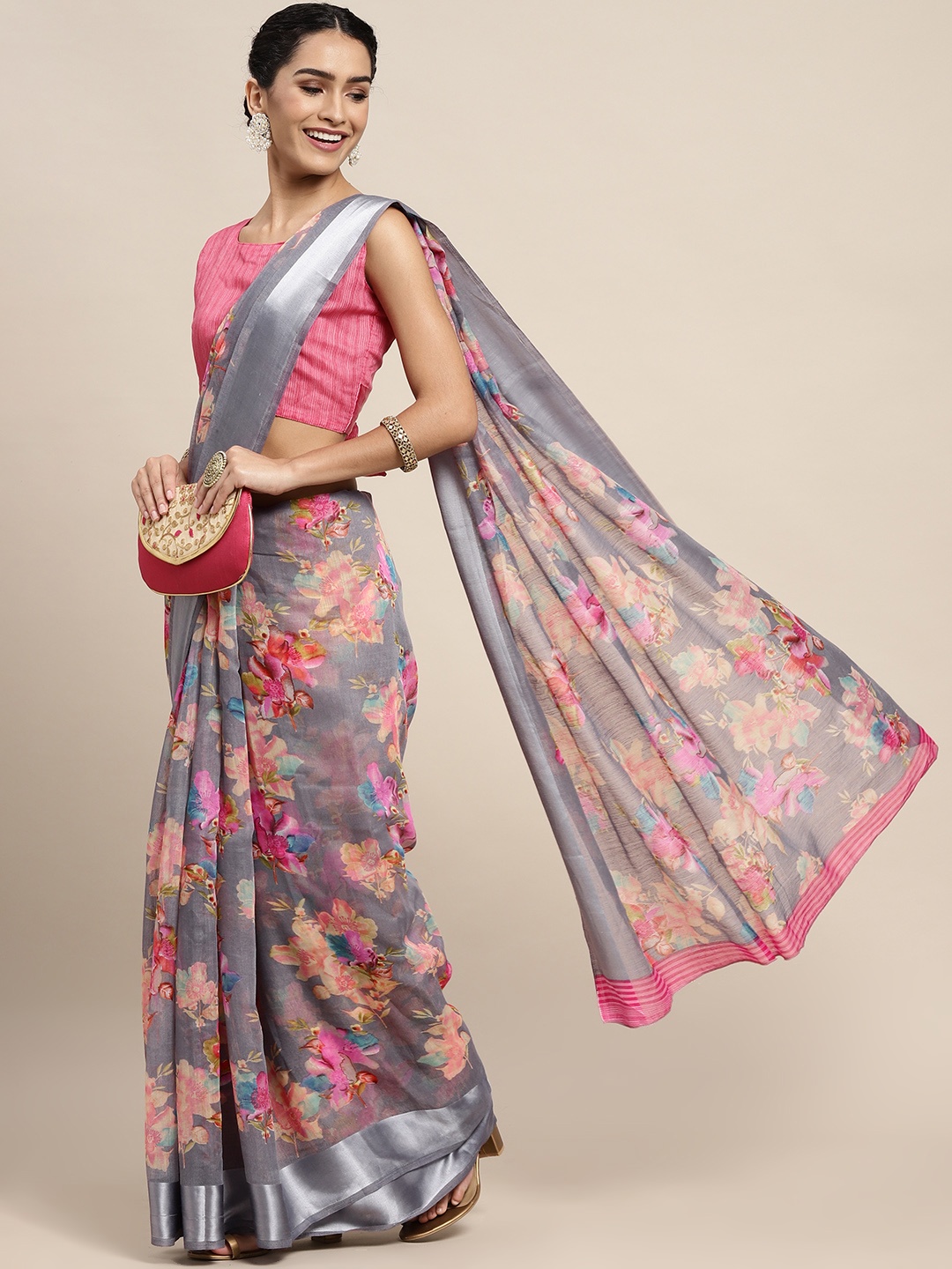 

Saree mall Grey & Pink Floral Printed Banarasi Sarees