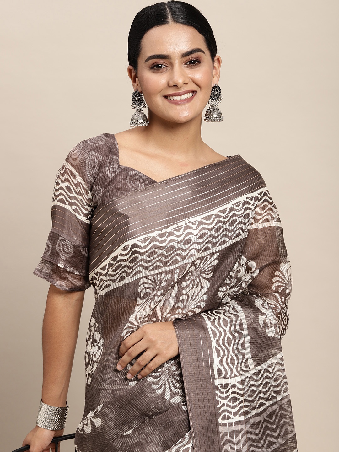 

Saree mall Charcoal & White Ethnic Motifs Print Brasso Ikat Saree