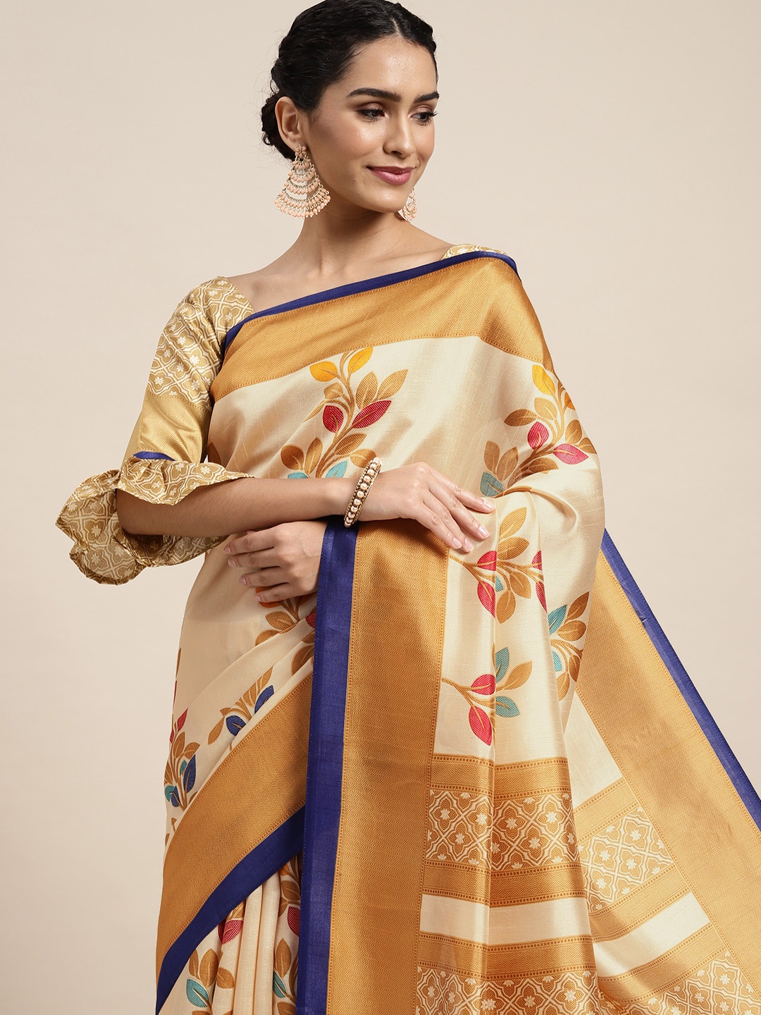 

Saree mall Beige & Golden Ethnic Motifs Woven Design Sarees