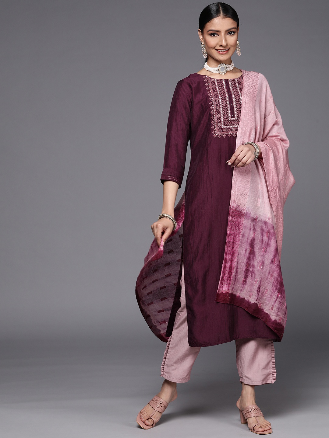 

Varanga Women Purple Yoke Design Sequinned Kurta with Trousers & With Dupatta