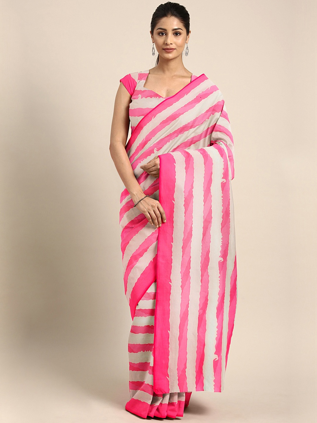 

KALINI Pink & White Leheriya Banarasi Saree