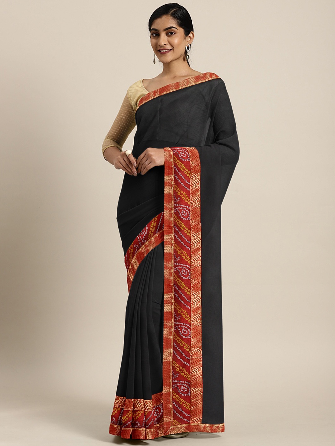 

KALINI Black & Red Zari Bandhani Saree