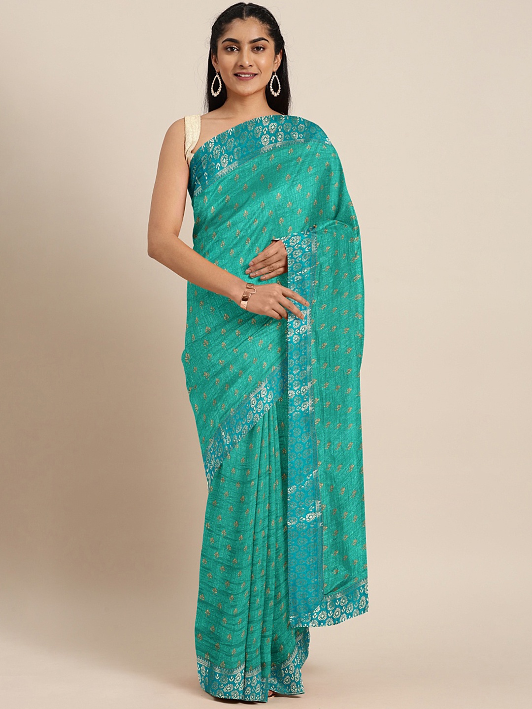 

KALINI Sea Green & Gold-Toned Ethnic Motifs Zari Art Silk Bhagalpuri Saree