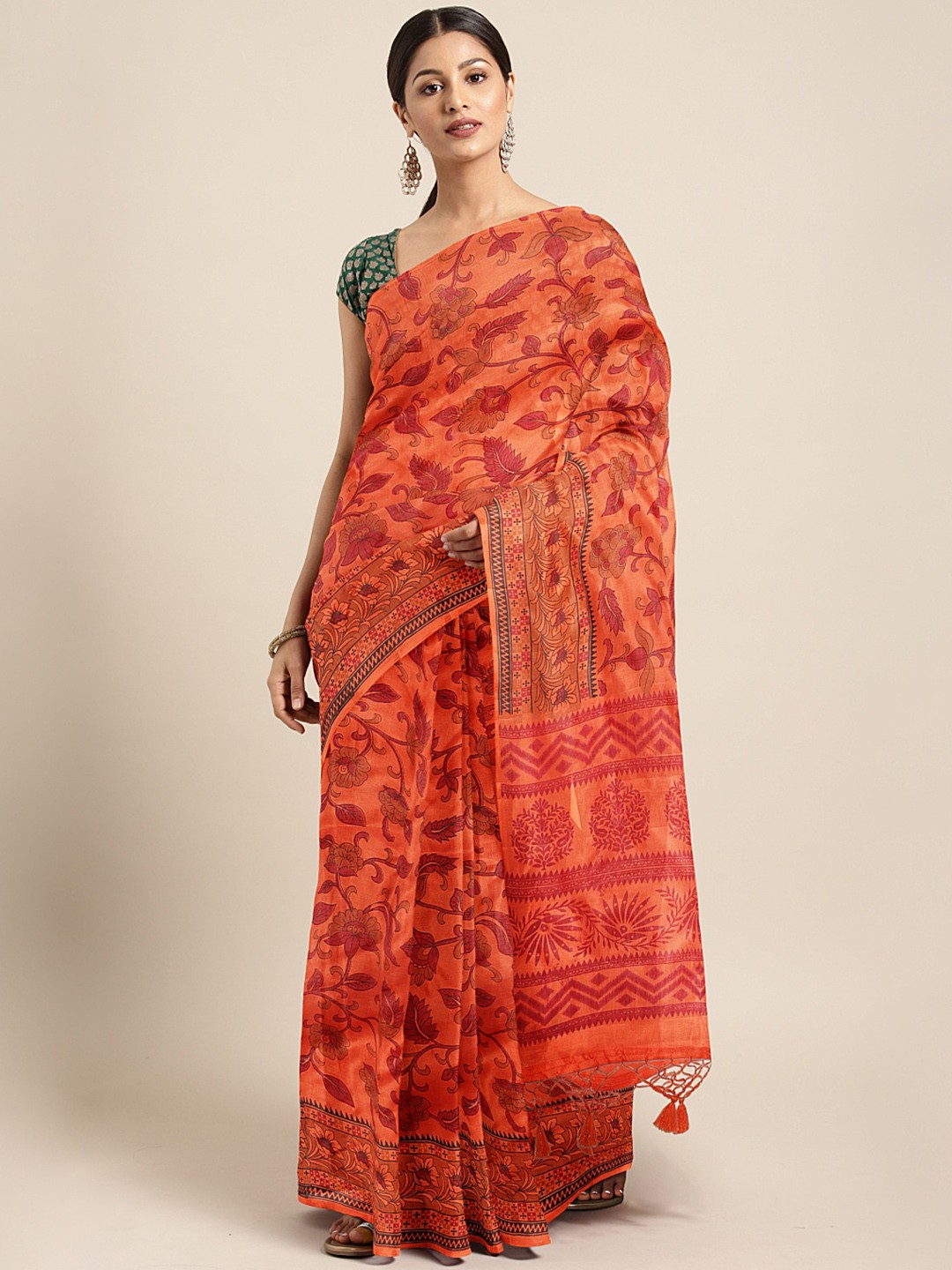 

KALINI Orange Floral Print Tussar Saree