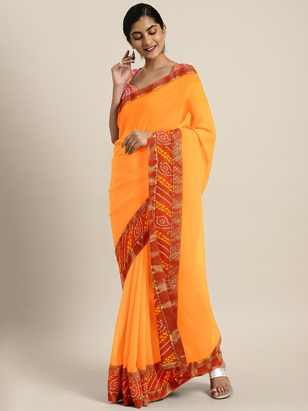 

KALINI Mustard & Red Bandhani Zari Bandhani Saree