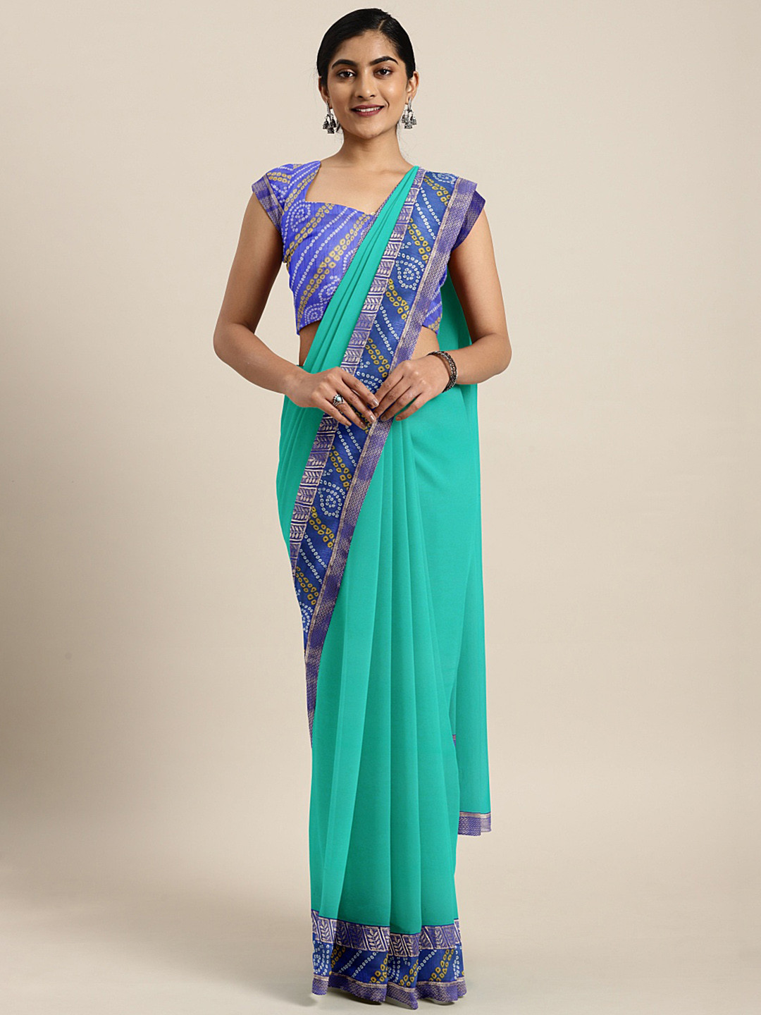 

KALINI Sea Green & Blue Zari Bandhani Saree