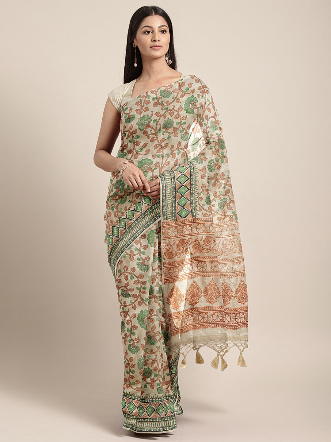 

KALINI Beige & Green Floral Print Tussar Saree